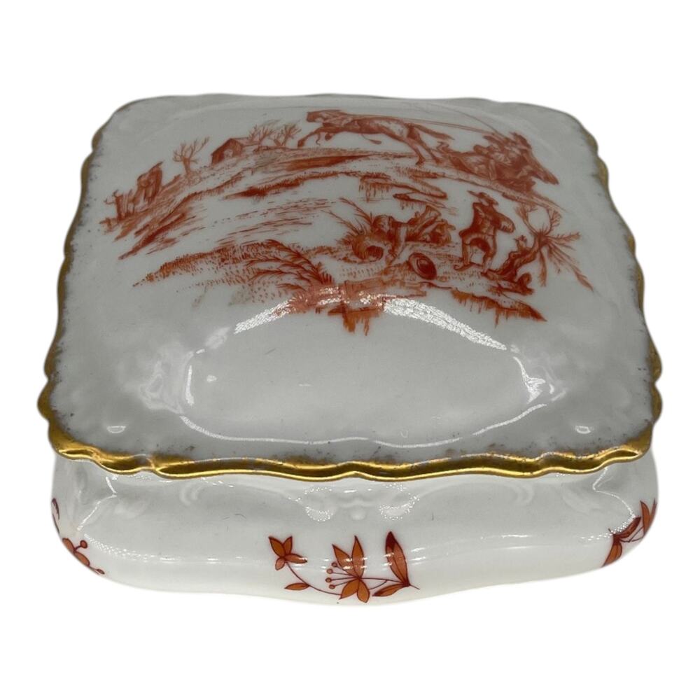 Limoges France Porcelain Trinket Box Hunting Scene Red Transferware Gold Trim